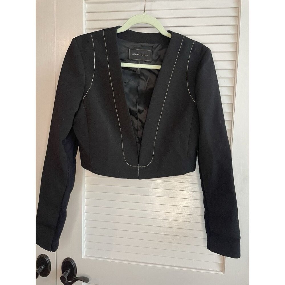 BCBGMAXAZRIA Black Cropped Blazer Jacket Derek Size S Tailored Stretch Evening